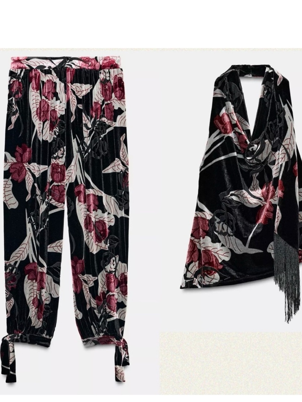 Zara Black Velvet Floral Tie-Hem balloon pants